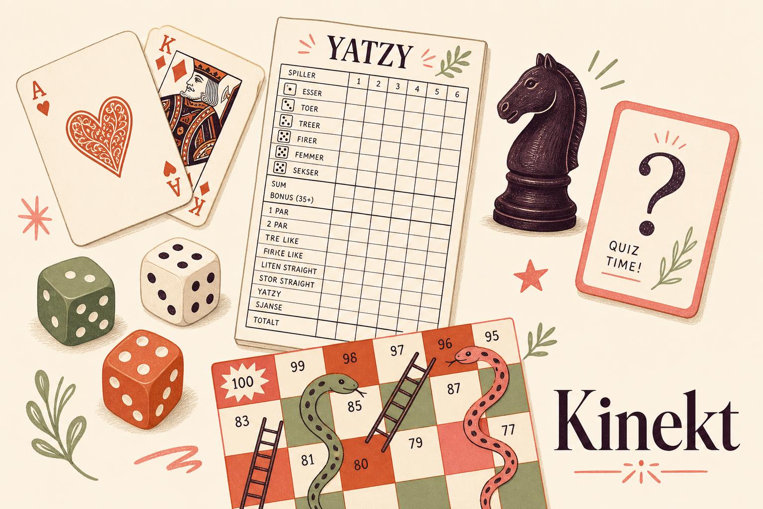 Kinekt-spillkatalog: terninger, kortstokk, Yatzy-blokk, sjakkbrikke, quizkort og stigespill