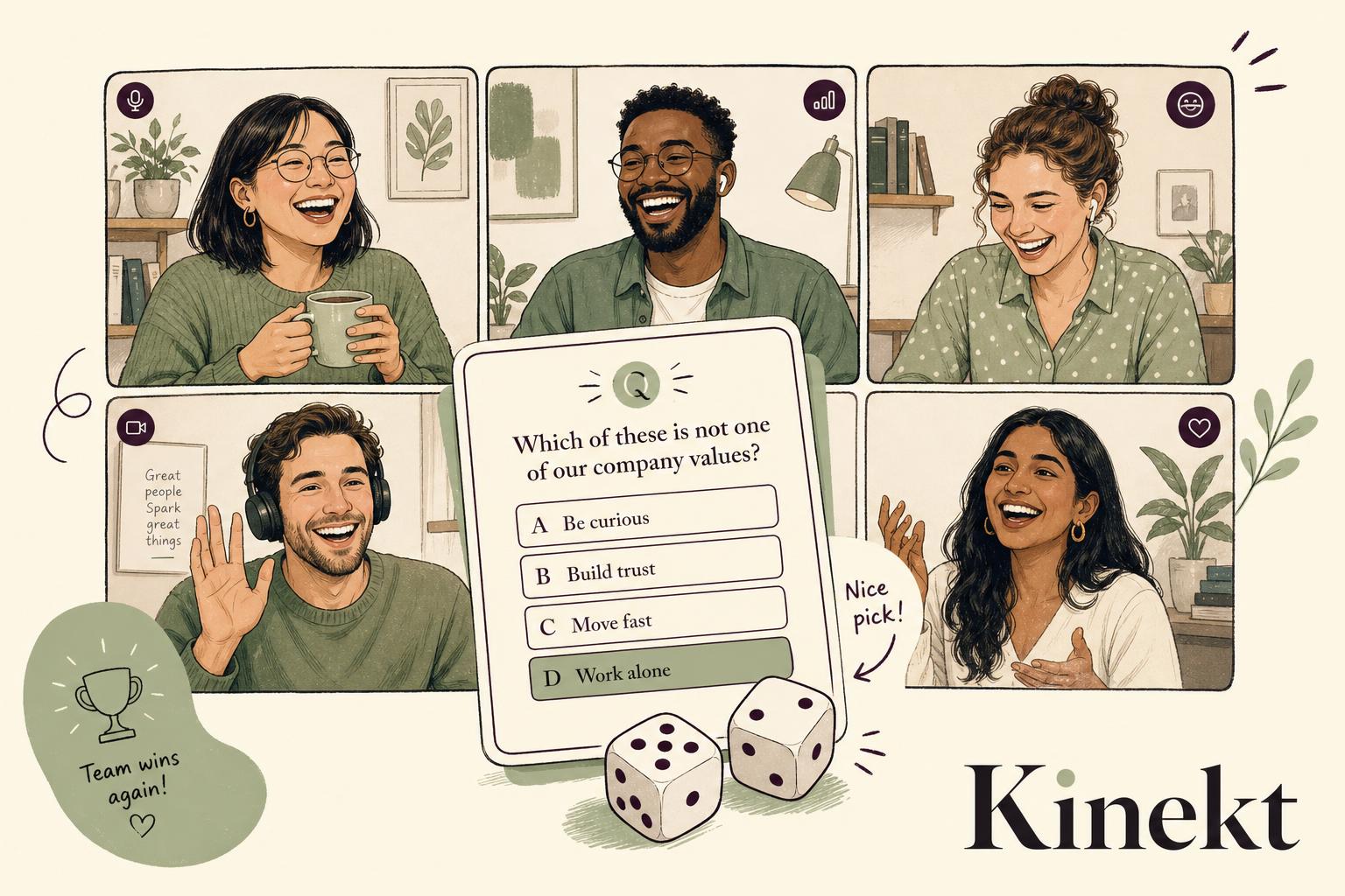 Distribuert team i digital teambuilding-økt på Kinekt, smilende kolleger i videogrid med quizkort